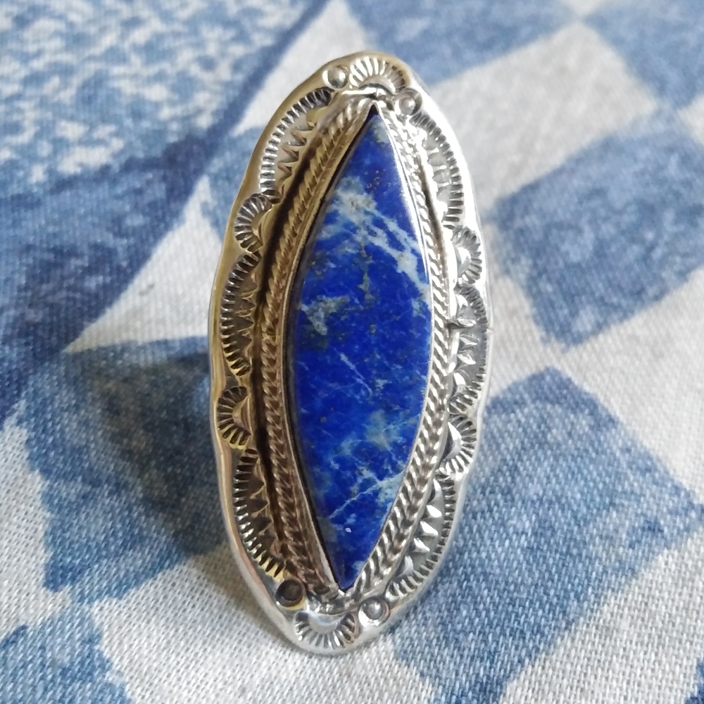 Size 8 Big Custom Lapis Navajo Native American Ring